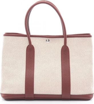 Herm&egrave;s Bordeaux Ecru Ivory Toile H Negonda Leather Handbag Tote Bag (Pre-Owned)