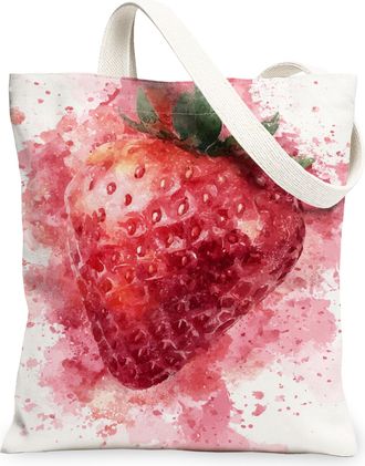Generic Strawberry Canvas Tote Bags, Artistic Fruit Design Reusable Bags, Summer Lightweight Washable Shoulder Strap Canvas for Tra, White, 13x15 Inch