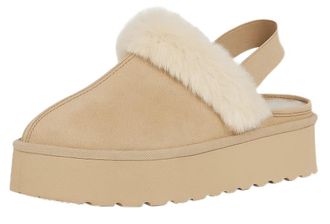 Generic 24890 Womens Faux Fur Lined Mules - Comfortable Platform Slippers with Cozy Fleece Interior - Slip-On Casual Shoes for Indoor and Outdoor Use (Beige W