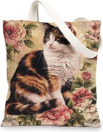 Generic Vintage Floral Cat Canvas Tote Bag, Lightweight Washable Reusable Shoulder Bag for Shopping Travel Beach, Multicolor, 13x15 Inch