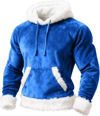 Generic Christmas Jumpers for Men Plush Stitching Mens Hoodies Patchwork Color Velvet Oversized Long Sleeve Pullover Loose Fit Hooded Sports Mens Sweatshirt (