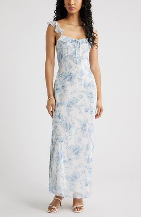 Open Edit Ruffle Chiffon Maxi Dress in Blue Tapestry Blur at Nordstrom, Size Xx-Small