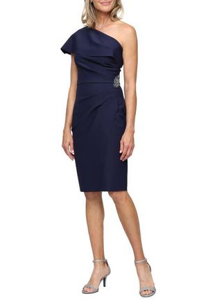 Alex Evenings Pleated One-Shoulder Cocktail Dress in Navy at Nordstrom, Size 16