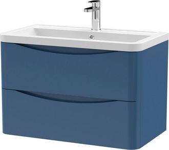 Nuie Nuie Lunar Satin Blue 800mm Wall Hung 2 Drawer Vanity Unit and Ceramic Basin - LUN304A