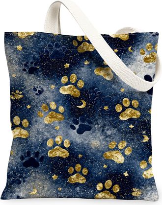 Generic Paw Print Canvas Tote Bags, Animal Pattern Reusable Grocery Bags, Vintage Lightweight Washable Shoulder Strap Canvas for Tr, Navy, 13x15 Inch