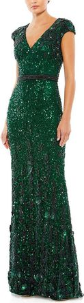 Mac Duggal Embellished V-Neck Cap Sleeve Sequin Gown