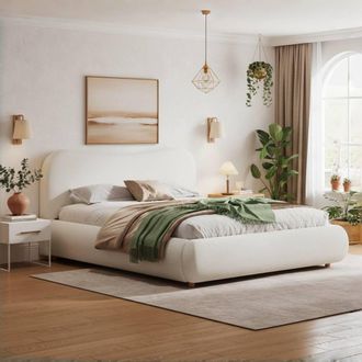 Merax Warm White Boucle King Ottoman Bed With Curved Headboard