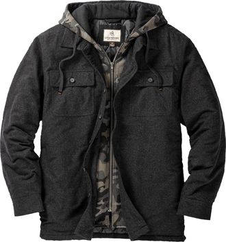 Legendary Whitetails Mens Plaid Flannel Shirt Jacket Quilted with Hood Polyfill Insulated, Black Heather, Medium