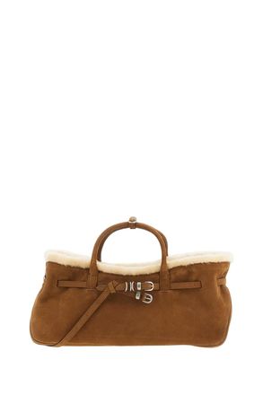 Margesherwood Soft Suede Handbag with Fold-Over Shearling Cuff and Adjustable Details