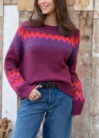 Wooden Ships Jaxon Fair Isle Raglan Chunky Sweater In Velvety Plum Multi