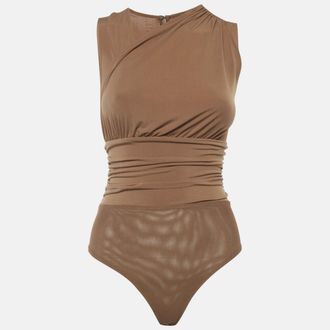H&eacute;rve L&eacute;ger Tan Jersey Knit Ruched Zip Up Bodysuit