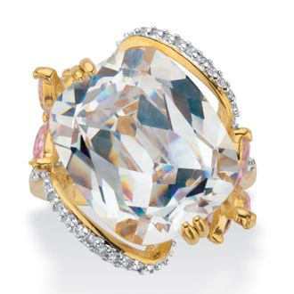 Palm Beach Jewelry 9.80 Cttw. Cushion-Cut White and Pink CZ Gold-Plated Flower Cocktail Ring