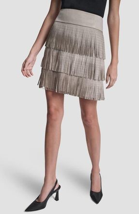 DKNY Studded Fringe Faux Suede Miniskirt in Pebble at Nordstrom, Size Xx-Small