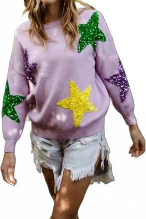 Bibi Sequin Velvet Star Patches Mardi Gras Sweater In Lavender
