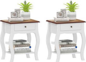 OEM Pack De 2 Mesitas De Noche Con Caj&oacute;n Estante Abierto Y Tapa Efecto Roble Estilo Franc&eacute;s 45x35x55 Cm Blanco Y Roble