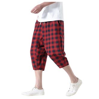 Generic Mens Shorts Plaid Capri Pants Six Points Haren Pants Mens Pants Retro Plus Size Wide Leg (Red, XXXXL)