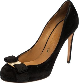 Ferragamo Black Suede Carla Vara Bow Pumps