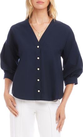 Karen Kane Lantern Sleeve Cotton Button-Up Shirt in Navy at Nordstrom, Size X-Large