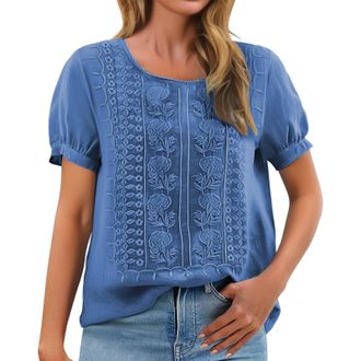 Generic Womens Fashionable Casual Solid Color Pleated Cotton and Linen Tops Shirts and T Shirts Half Sleeve Women (Dark Blue, M)