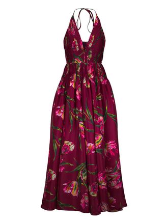 Carolina Herrera Avondjurk met plooien en bloemenprint - Rood