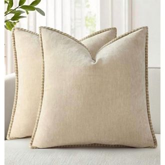 OEM Funda De Almohada Suave De Chenilla Para Primavera, 20x20 Cm, Juego De 2 Piezas, Ribete Neutro De Terciopelo Estilo R&uacute;stico, Bordes Cosidos, Color Bei