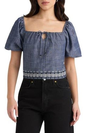 NVLT Embroidered Puff Sleeve Crop Top in Denim Blue at Nordstrom Rack, Size X-Small