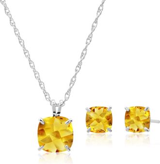 MAX + STONE 925 Sterling Silver Cushion Cut Gemstone Stud Earrings and Pendant Necklace