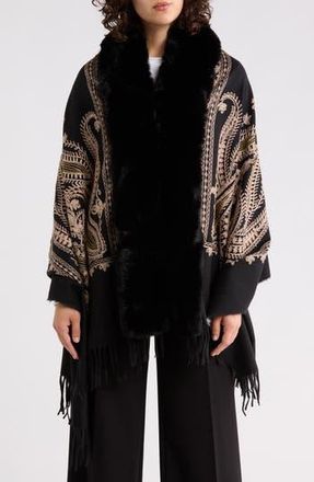 La Fiorentina Faux Fur Trim Embroidered Ruana in Black at Nordstrom Rack