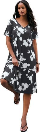 Roaman's Plus Size Short Sleeve Sleeve Swing Dress in Black Silhouette Floral at Nordstrom, Size 36