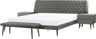 Beliani Conjunto De Muebles De Dormitorio Cama Tapizada En Piel Sint&eacute;tica Gris 180 X 200 Cm Dos Mesitas De Noche Un Banco Essonne