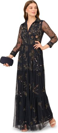 Adrianna Papell Womens Bead Mesh Long Dress - Blue - Size 18 UK