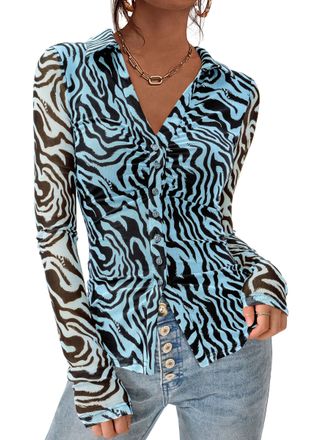 PrettyGarden Women Button Down Floral Shirts 2025 Fall Trendy Long Sleeve V Neck Ruched Mesh Boho Blouse Tops Date Outfits, Zebra Blue Black, M
