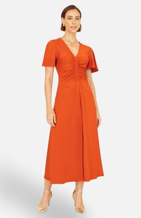 Yumi Ruched Front Stretch Midi Dress in Orange at Nordstrom, Size 10