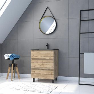 Aurlane Aurlane - Mueble De Ba&ntilde;o 60cm Acabado Roble - Cajones - Lavabo Negro + Espejo Barbero - Timber 60-pack40