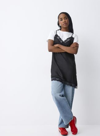 Twik Black lace and satin mini-slip dress