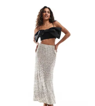 Never Fully Dressed Petite sequin maxi skirt in silver