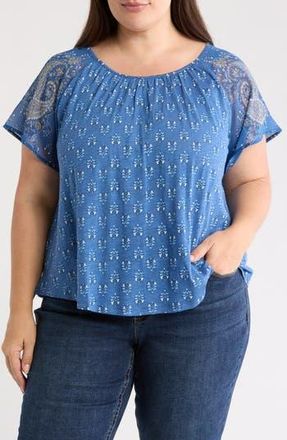 Lucky Brand Paisley Mixed Media T-Shirt in Navy Multi at Nordstrom Rack, Size 1X