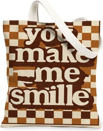 Generic Vintage Checkered Canvas Tote Bags, Fun Text Design Reusable Grocery Bags, Lightweight Washable Shoulder Strap Canvas for O, Brown, 13x15 Inch