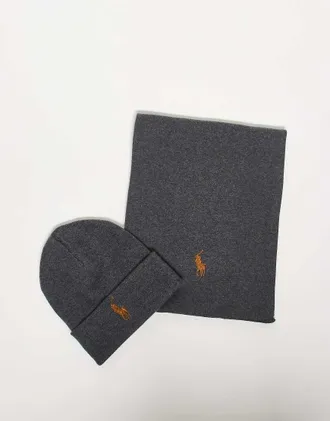 Polo Ralph Lauren Set berretto e sciarpa in maglia di cotone con logo a icona grigio scuro m&eacute;lange