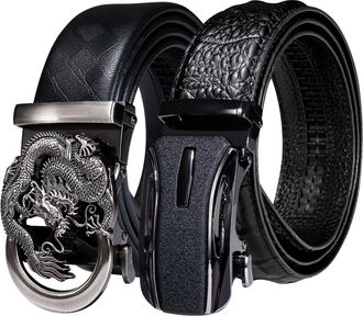 Barry.Wang 2 Pack Ratchet Belt for Men Grain Leather Black Belts 1 3/8 Dragon Crocodile Slide Adjustable Buckle Business