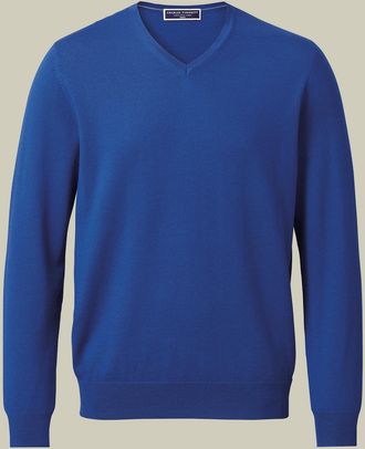 CHARLES TYRWHITT Merino V-Neck Wool Jumper - Cobalt Blue Size Small by Charles Tyrwhitt