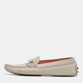 Tod's Tods Grey Textured Leather Double T Buckle Loafers