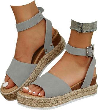 Generic Womens Platform Espadrilles Summer Open Toe Buckle Ankle Strap Beach Sandal Casual Comfortable Faux Leather Dressy Elegant Flats Sandals with Arch Sup