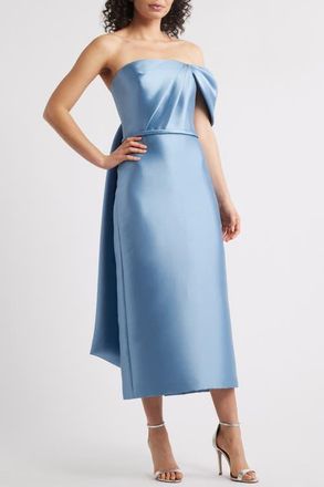 Amsale Bow Midi Satin Cocktail Dress in Smokey Blue at Nordstrom, Size 16