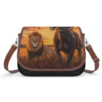 Generic Cape Buffalo And Lion Sunset Crossbody Bags for Women Fashion Leather Shoulder Handbags With Adjustable Strap