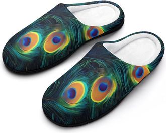 Generic Beautiful Peacock Feathers Mens House Slippers Memory Foam Washable Cotton Slip on Home Shoes