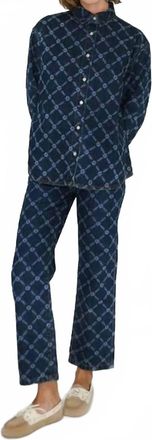 The Tiny Big Sister Womens Flowers Grid Denim Shirt In Blue