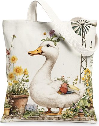 Generic Spring Duck Poultry Canvas Tote Bag for Shopping 13x15, Farmhouse Country Animal Reusable Grocery Print Bag for Women, Farm Wildflower Beach Aesthetic
