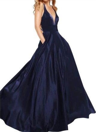 Alyce Paris V-Neck Satin Long Dress In Navy