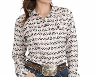 Cinch Womens Southwest Sally Print Arena Shirt In White, Orange, Grey Black